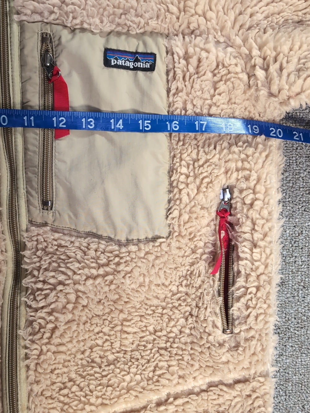 Patagonia Retro-X Deep Pile Sherpa Fleece Jacket In Oatmeal/Red Size 14/XL - Picture 10 of 12